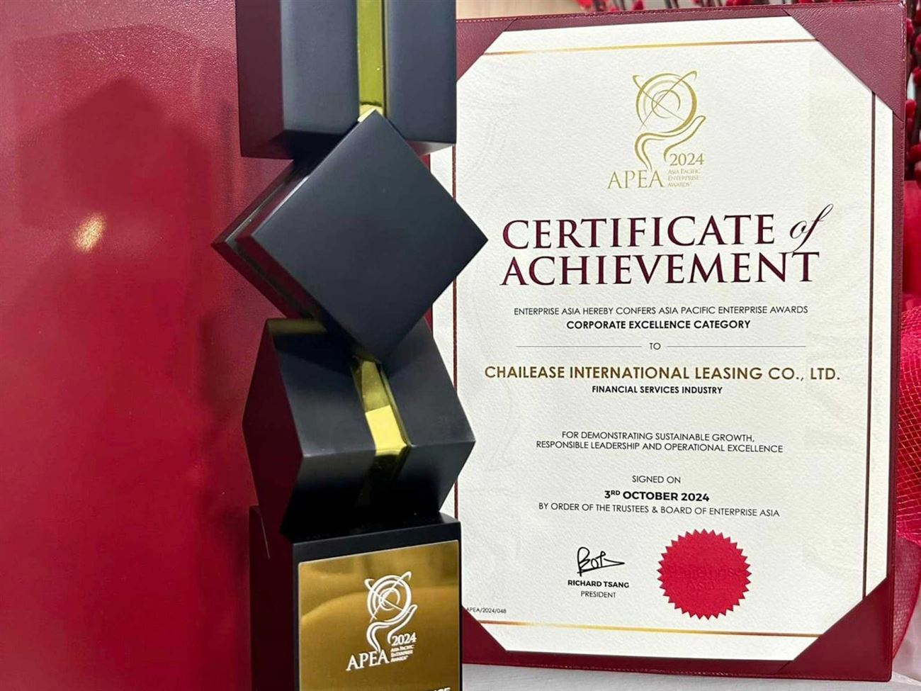 CHAILEASE VIỆT NAM VINH DỰ ĐẠT GIẢI THƯỞNG DOANH NGHIỆP XUẤT SẮC CHÂU Á - CORPORATE EXCELLENCE AWARD TẠI APEA 2024.